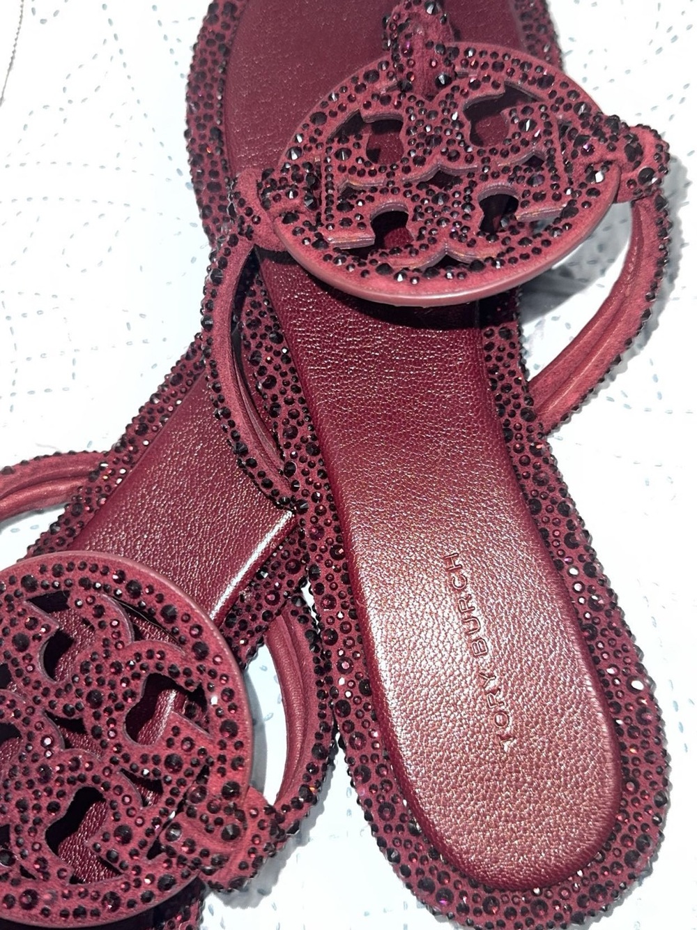 Tory Burch Wine Red Miller Crystal-Embellished Slide Sandals